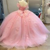 Off-Shoulder Ball Gown with Floral Lace Appliques Baby Pink Tulle Quinceanera Dress for Sweet 16 & Princess Birthday Parties